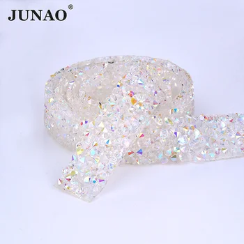 

JUNAO 5 Yard*15mm Transparent AB Hotfix Rhinestone Chain Trim Sewing Applique Resin Beads Strass Banding Mesh For Clothes