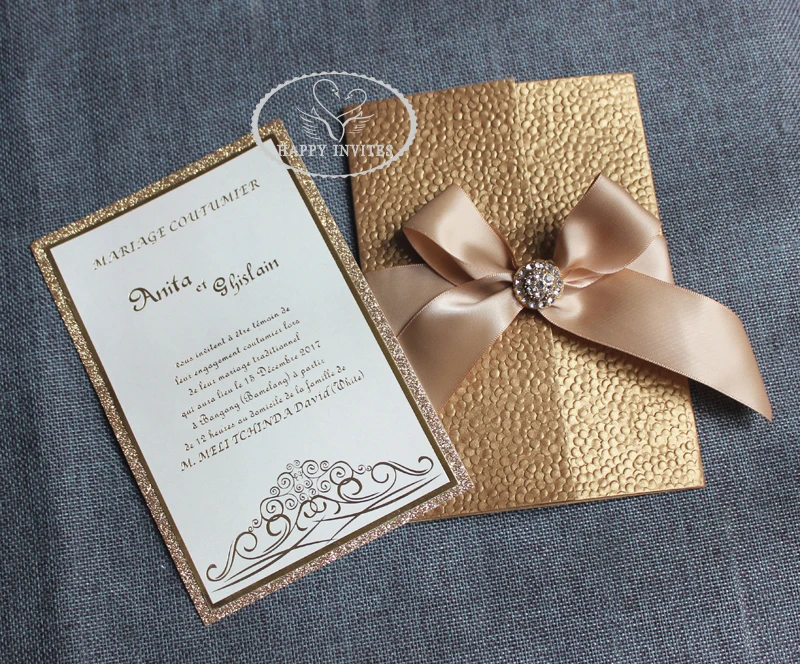 Free shipping for some countries! HI1152 Dark Gold Embossed Gate-fold Wedding Card with Ribbon Bow and Brooch
Free shipping for some countries! HI1152 Dark Gold Embossed Gate-fold Wedding Card with Ribbon Bow and Brooch