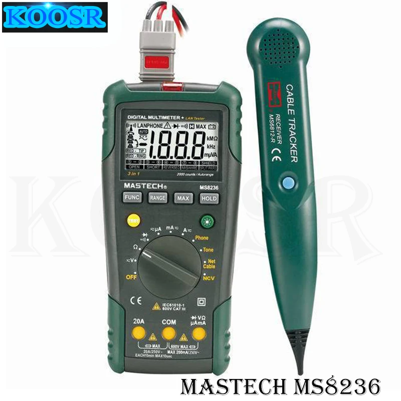 MASTECH MS8236 Digital Auto Range Multimeter LAN Tester Net Cable Tracker Tone Telephone line Check Non-contact Voltage Detect
MASTECH MS8236 Digital Auto Range Multimeter LAN Tester Net Cable Tracker Tone Telephone line Check Non-contact Voltage Detect
