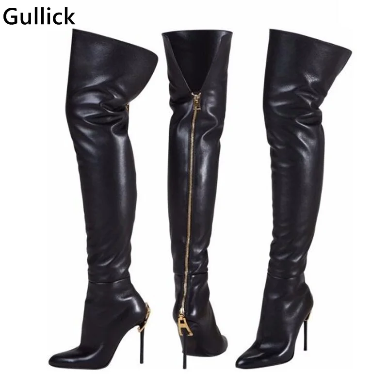 

Newest Fashion Black Leather Thigh High Boot Golden Zip Decor Pointed Toe Boot Tight Slim Thin High Heels Boots For Woman