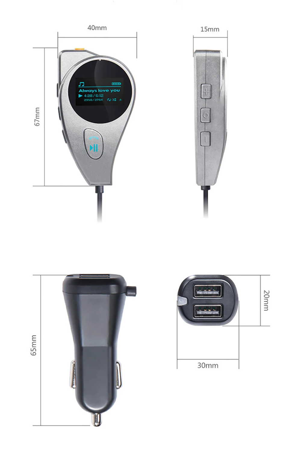 Cunymagos Bluetooth Car Kit mp3 Music Player FM Transmitter Modulator 2.1A Dual USB Car Charger Support U Disk TF Card DC 1224V (1)