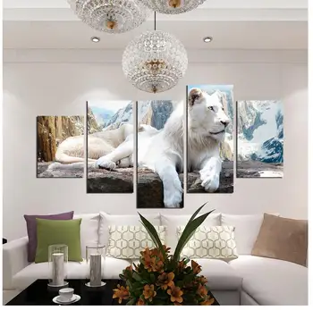 5 Panel Wall Pictures for Living Room Canvas Print Painting White Lion Animal Oil Painting on Canvas Frameless High Quality