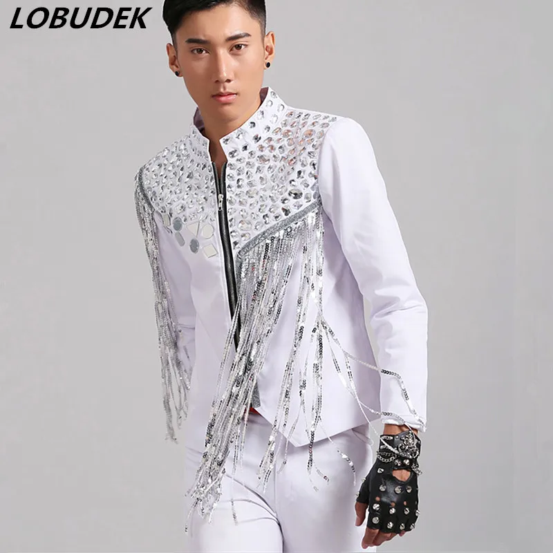 Nightclub Men's singer Rock Punk stage Costume Bar Vocal concert Jazz dancer performance clothes White Sequins tassels jacket
Nightclub Men's singer Rock Punk stage Costume Bar Vocal concert Jazz dancer performance clothes White Sequins tassels jacket