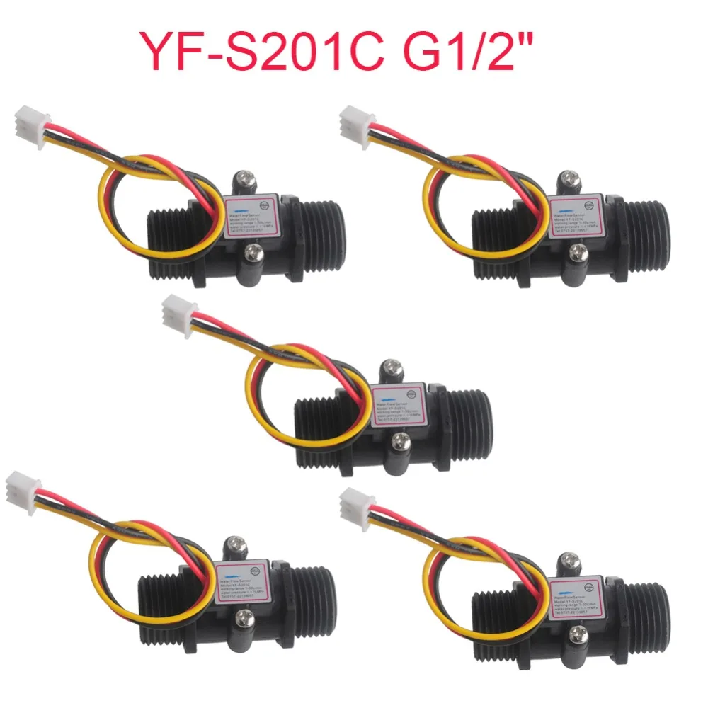 5Pcs YF-S201C G1/2" Water Flow Sensor Meter Liquid Fluid Hall Sensor Milk Coffee Flowmeter Counter 1-30L/min Black
5Pcs YF-S201C G1/2" Water Flow Sensor Meter Liquid Fluid Hall Sensor Milk Coffee Flowmeter Counter 1-30L/min Black