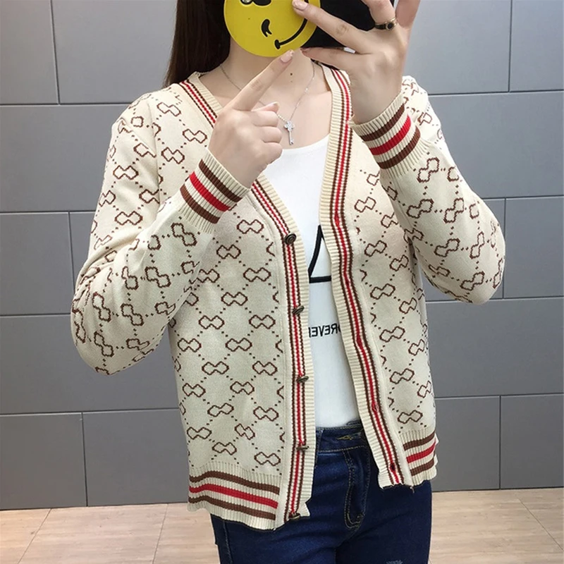 Button Cardigan Women Sweater High Street V,neck Argyle