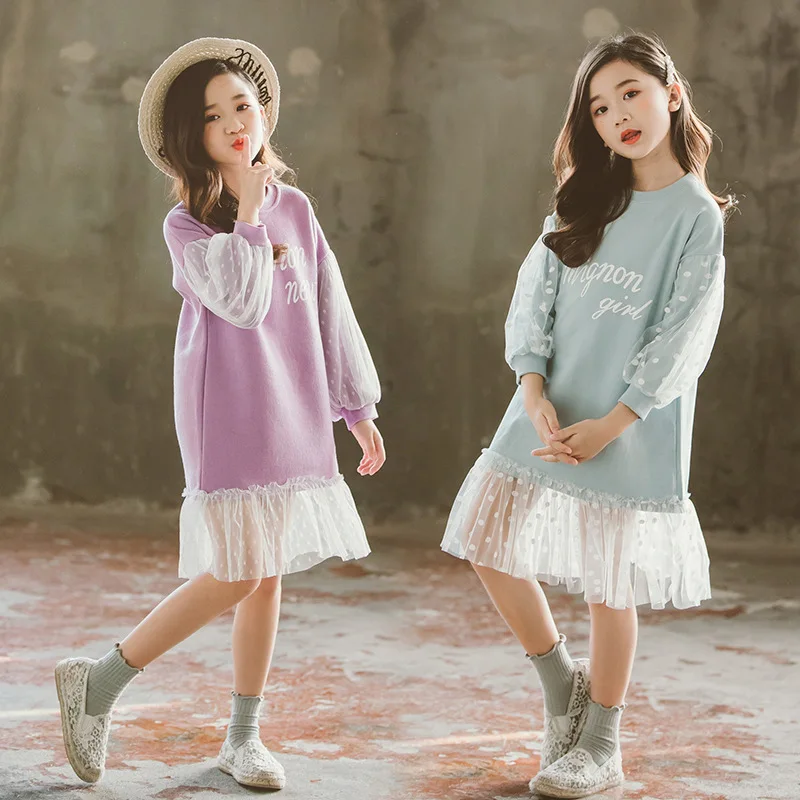 Children Girls Fashion Stitching Mesh Dresses 2020 Spring Autumn Baby Girl Korean Style Cotton Lace Dress 4 6 7 8 9 10 12 Years | Детская