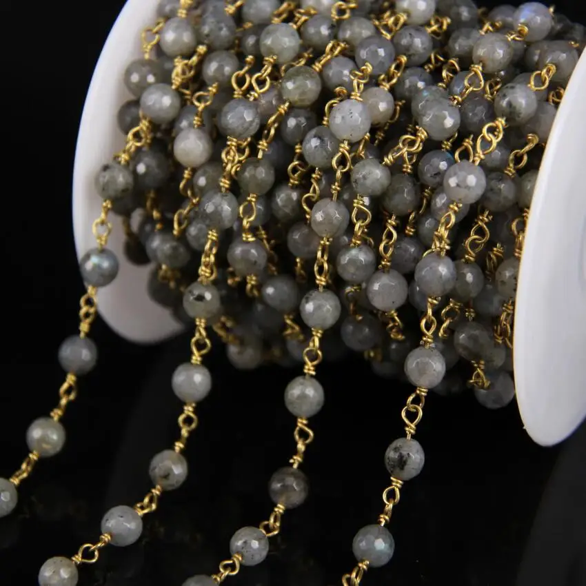 6mm Size Natural Labradorite Faceted Round bead Chain Flash Grey Gems Brass Wire Wrapped Rosary DIY Necklace | Украшения и