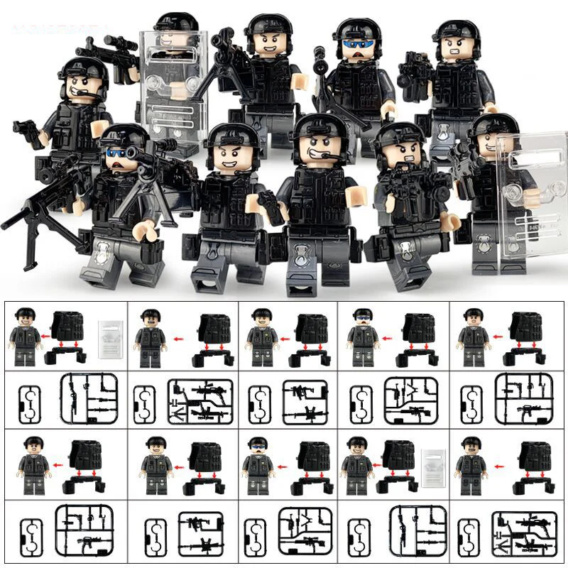 

10pcs/lot Military SWAT Special Forces Soldiers Building Blocks Figures Police City Guns Weapons Compatible Legoings Armed Toy