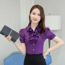 Tamanho grande 5XL Mulheres OL Topos Blusa Babados Camisa Chiffon Feminino Verão Moda Branco Escritório Das Senhoras Elegantes Camisas de Manga Curta(China)