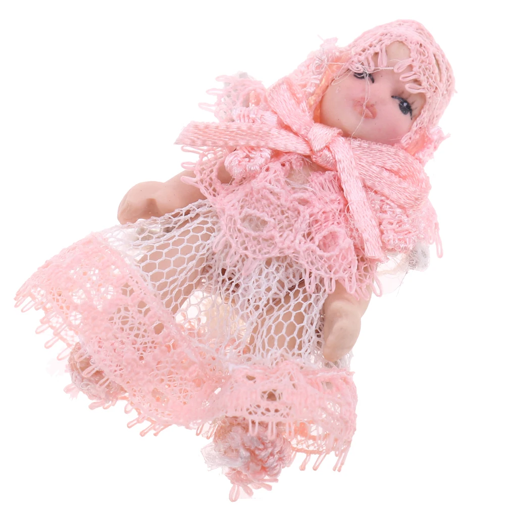 1/12 Scale Dollhouse Miniature People Figures Porcelain Baby Toddler Doll in Pink Lace Dress Rooms Accessories
