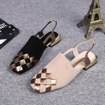 2019 summer new women's shoes baotou low heel sandals square head wild half slippers
