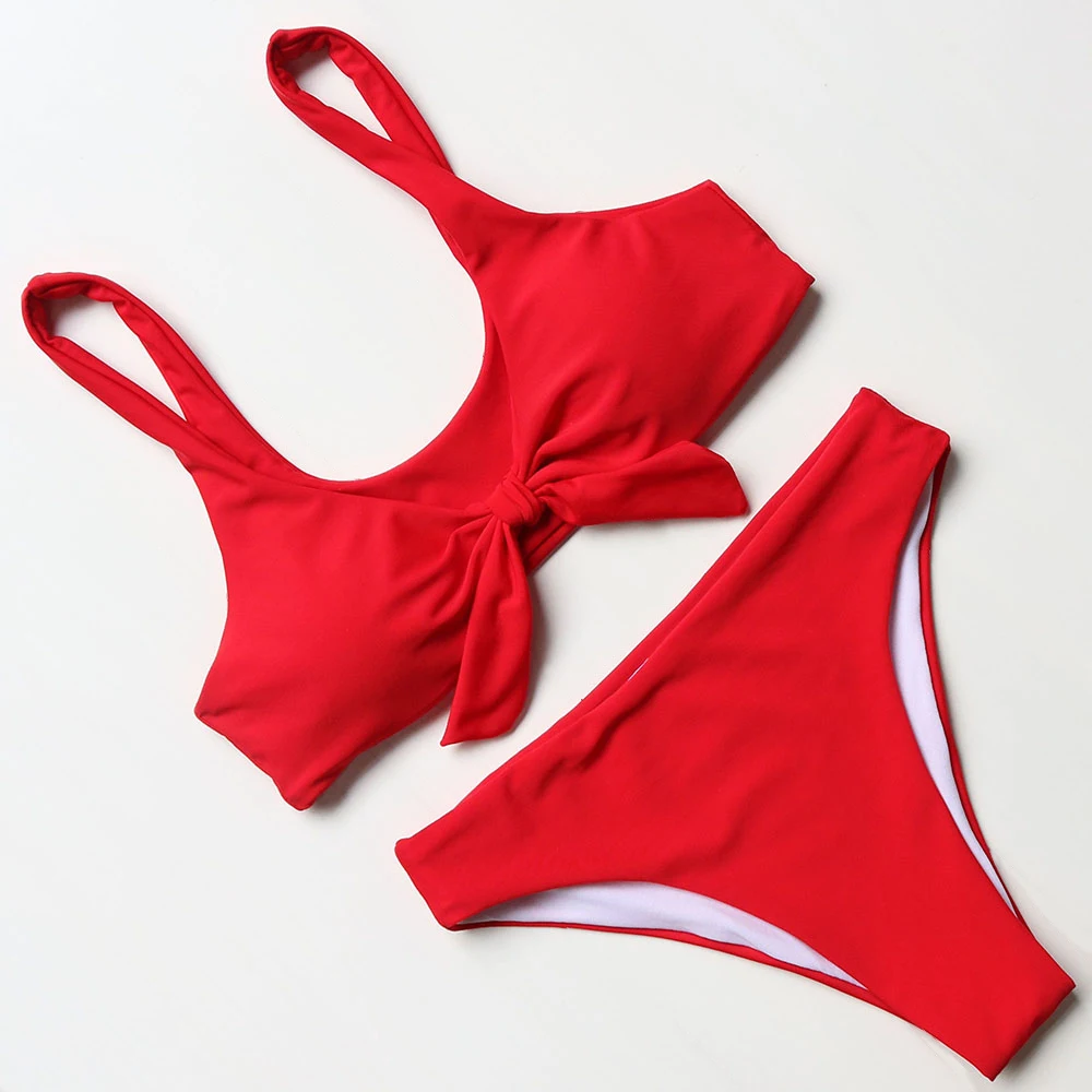 Женский купальник с завязками бантиками сексуальный набор Пуш ап бикини красный