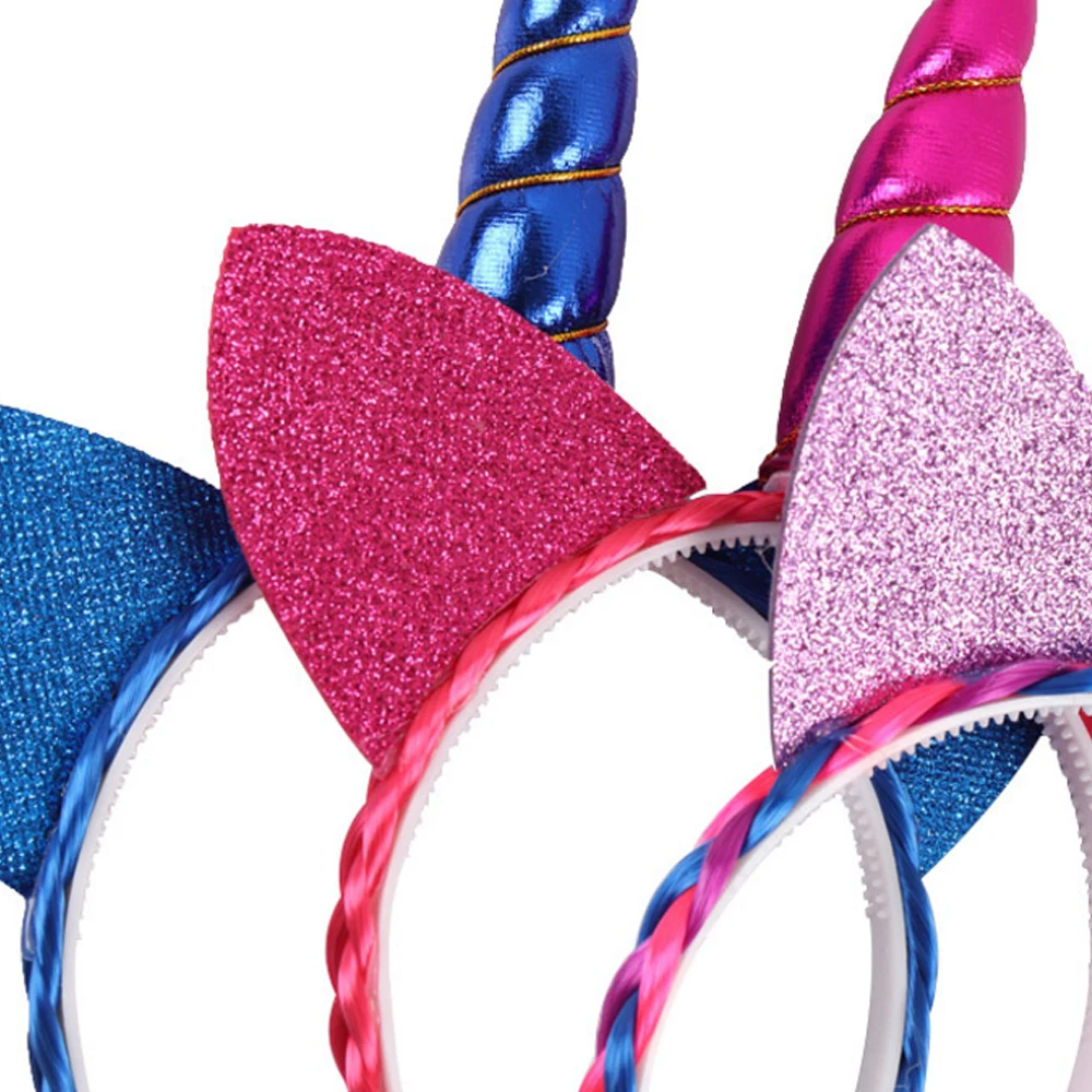 Nishine Rainbow Color Ponytail Unicorn Headbands Glitter Ears Kids Girls Princess Braid Wig Hairbands Hair Accessories 23