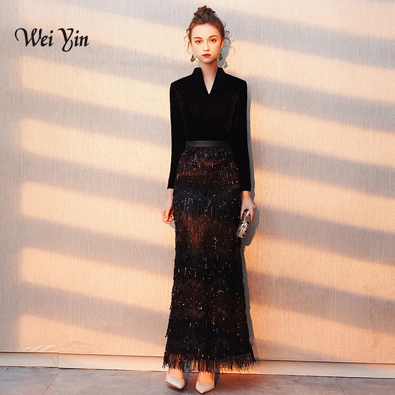 weiyin Robe De Soiree 2019 New Evening Dress Banquet Black Velour with Stripe Floor-length Long Sleeves Prom Party Gowns Dubai
weiyin Robe De Soiree 2019 New Evening Dress Banquet Black Velour with Stripe Floor-length Long Sleeves Prom Party Gowns Dubai