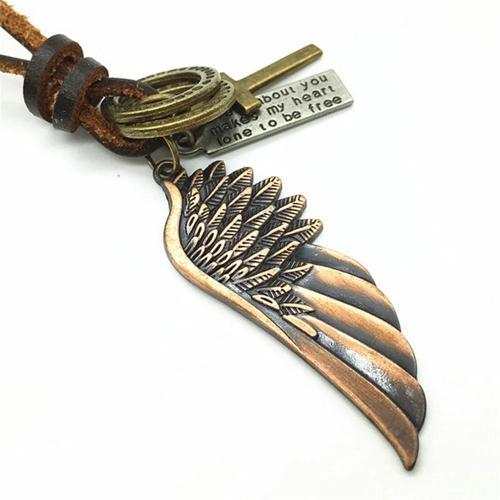 New Long Casual Handmade Brown Men Genuine Leather Bronze Hoops Wing Cross Pendants Necklace For Women Male Wholesale Jewelry
New Long Casual Handmade Brown Men Genuine Leather Bronze Hoops Wing Cross Pendants Necklace For Women Male Wholesale Jewelry