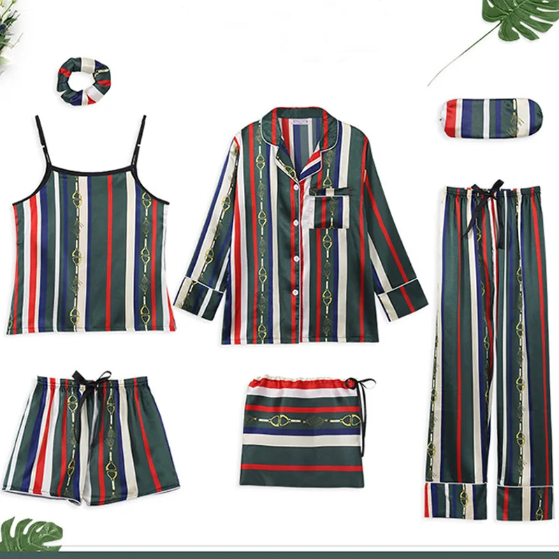 Spring Summer 7 Pcs Set pajamas Silk Elegant Women Pajamas sexy Print Long Sleeve homewear Elastic Waist Pants Lounge Sleepwear
Spring Summer 7 Pcs Set pajamas Silk Elegant Women Pajamas sexy Print Long Sleeve homewear Elastic Waist Pants Lounge Sleepwear