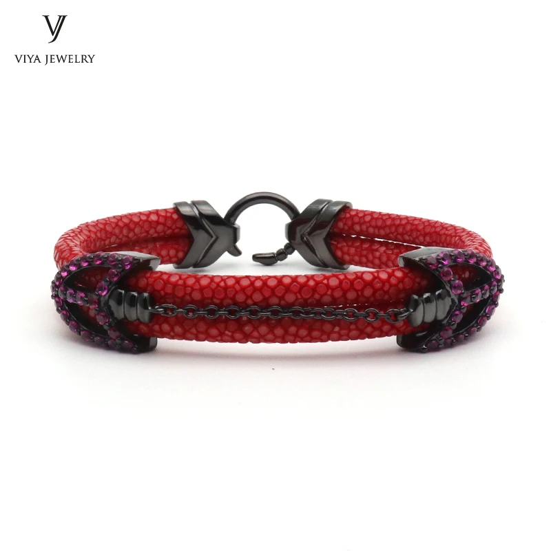 luxury 925 silver arrow bracelet with real stingray & python leather with zircon (10)