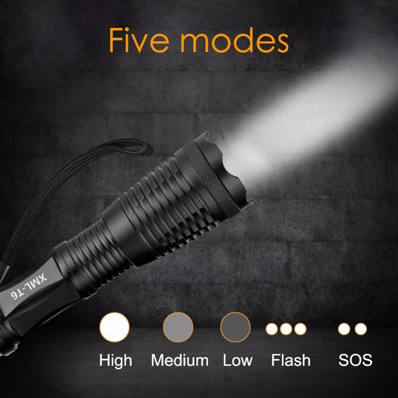 

5 Mode Tactical Flashlight 800lm T6 LED Zoomable Flashlight Torch Light 18650/AAA Lamp Hunt light