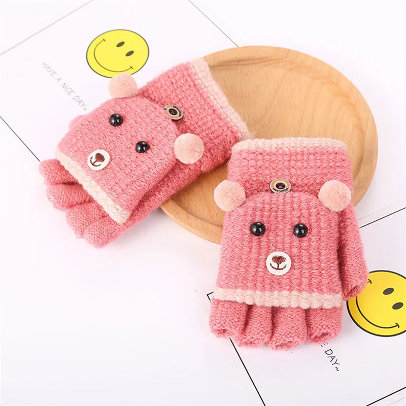 Baby Gloves Kids Mittens Baby Accessories Glove Half Finger Cartoon Bear Patchwork Keep Warm Baby Mittens Knitted Gloves (3)