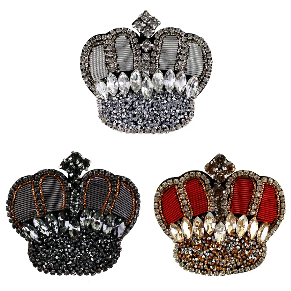 

10pieces India Silk Crown Badges Embroidery Diamond Patches Handmade Rhinestones Applique Brooches Decorated Sewing TH1317