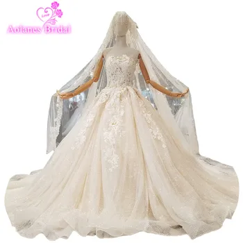 2018 Champagne Tulle Sleeveless Strapless Bridal Gowns Cathedral Train Backless Off The Shoulder Wedding Dress With Long Veil
2018 Champagne Tulle Sleeveless Strapless Bridal Gowns Cathedral Train Backless Off The Shoulder Wedding Dress With Long Veil