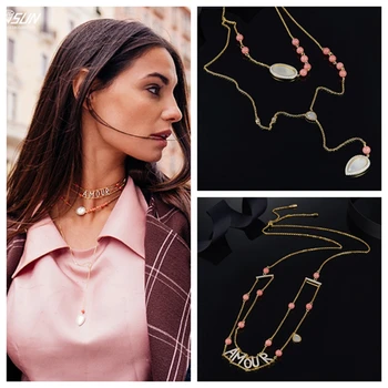Luxury Zircon 925 Sterling Silver Pink Coral Beads Long Choker Necklace AMOUR LOVE Double Layers Women Wedding Shell Collar
Luxury Zircon 925 Sterling Silver Pink Coral Beads Long Choker Necklace AMOUR LOVE Double Layers Women Wedding Shell Collar