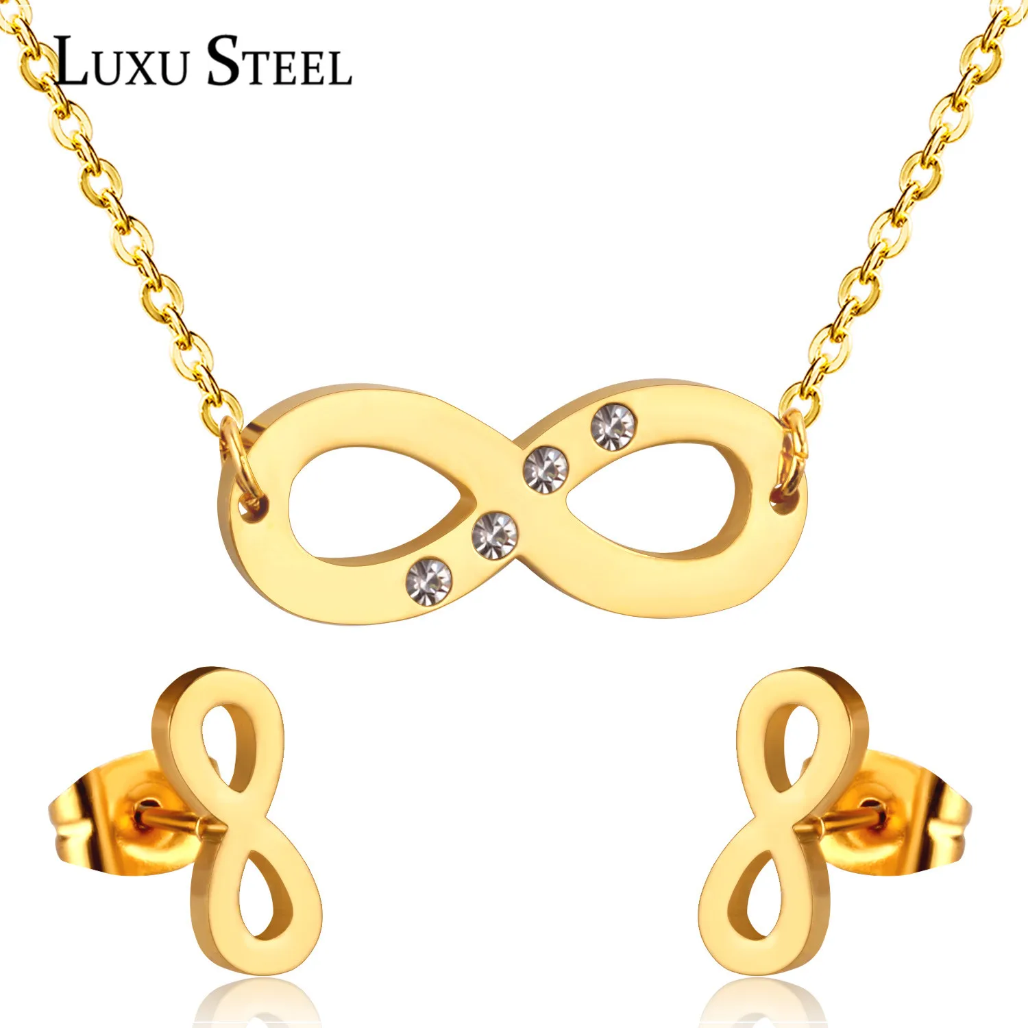 LUXUSTEEL Stainless Steel Jewelry Sets Infinity With Round Crystal Necklace Earring Sets For Women Accesrories
LUXUSTEEL Stainless Steel Jewelry Sets Infinity With Round Crystal Necklace Earring Sets For Women Accesrories