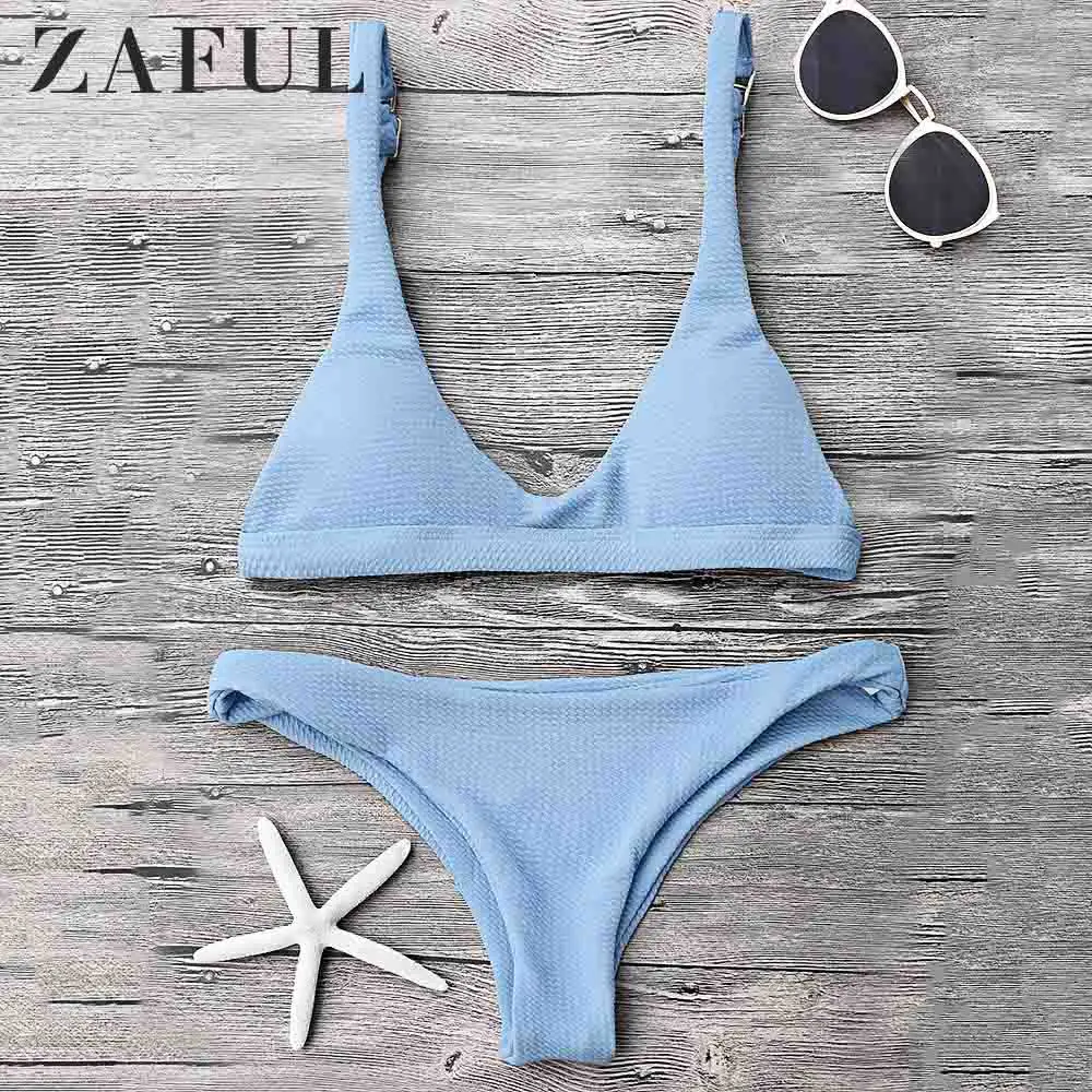 

ZAFUL Bikini Swimwear Padded Scoop Neck Bikini Set Push Up Sexy Low Waisted Swim Suit Wire Free Padded Solid Bathing Suit 2019