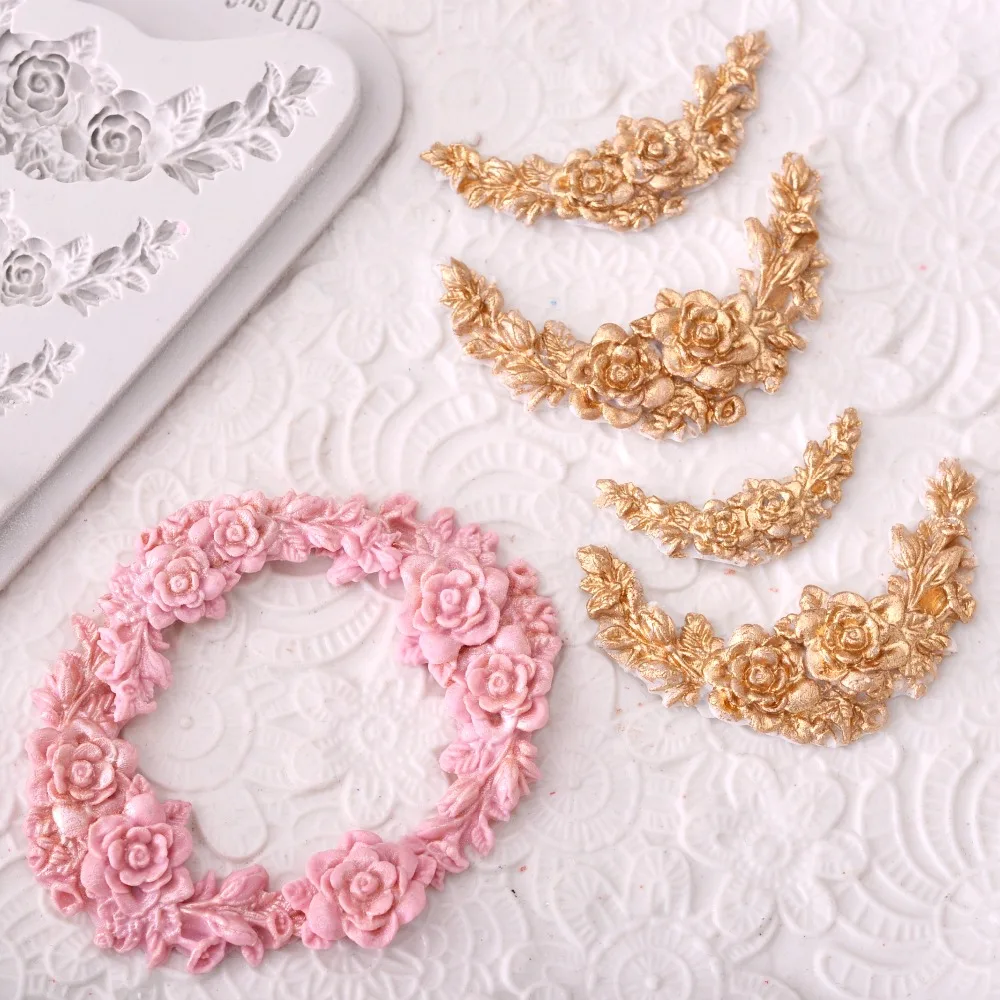 Flor de rosa garland silicone molde borda jóias casamento fondant bolo ferramentas stencil cupcake molde decoração molde confeitaria Flor de rosa garland silicone molde borda jóias casamento fondant bolo ferramentas stencil cupcake molde decoração molde confeitaria