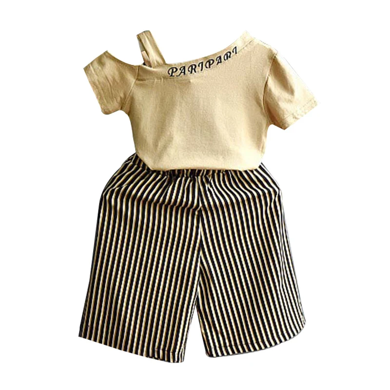 Girls Casual Camel Cut Sleeve Top With Striped Pants 3 ZM1178 (22)