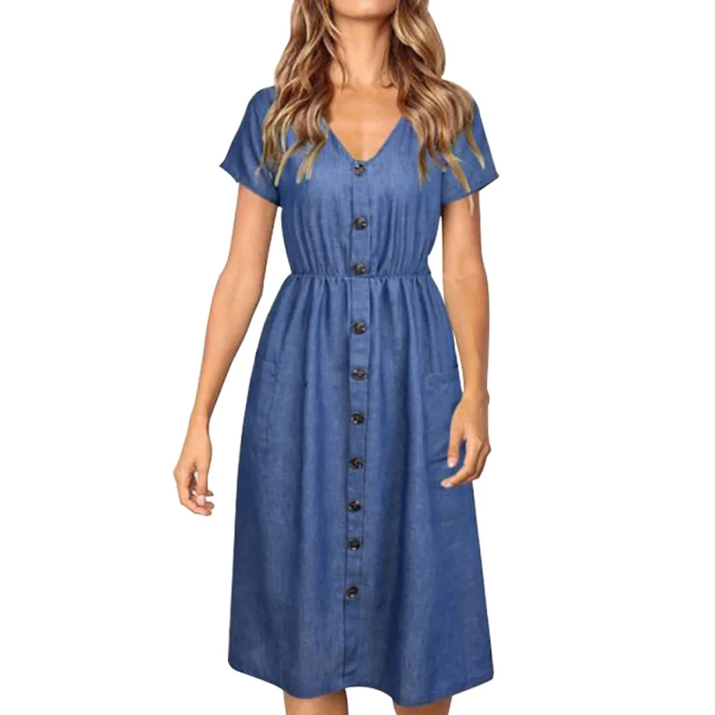Womens Summer V-neck Buttons Holiday Denim Midi Dress Ladies Jean Dress Short Sleeve Vestidos
Womens Summer V-neck Buttons Holiday Denim Midi Dress Ladies Jean Dress Short Sleeve Vestidos