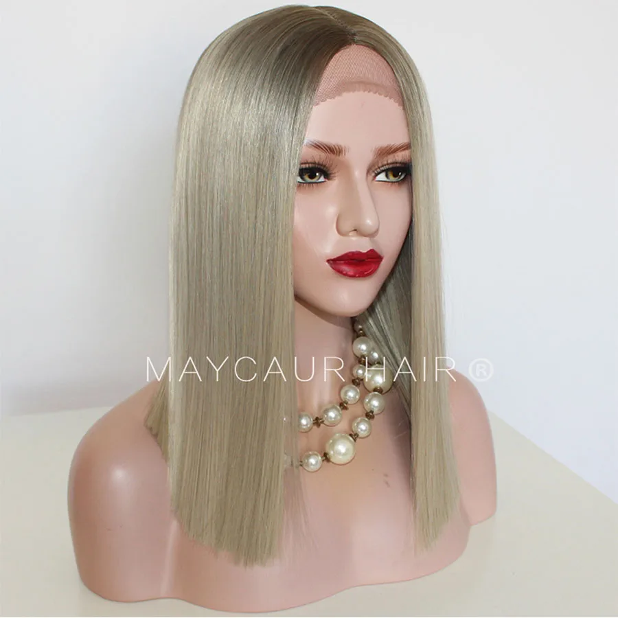 Maycaur Natural Black Blonde Ombre Color Synthetic Lace Front Wigs Short Cut Bob Wig Glueless Straight Hair (2)