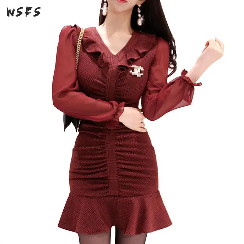 Spring Mermaid Dress Red Grey Plaid Vneck Lantern Sleeve Womens Bodycon Bandage Ladies Vintage Sexy Party Mini Wrap | Женская одежда