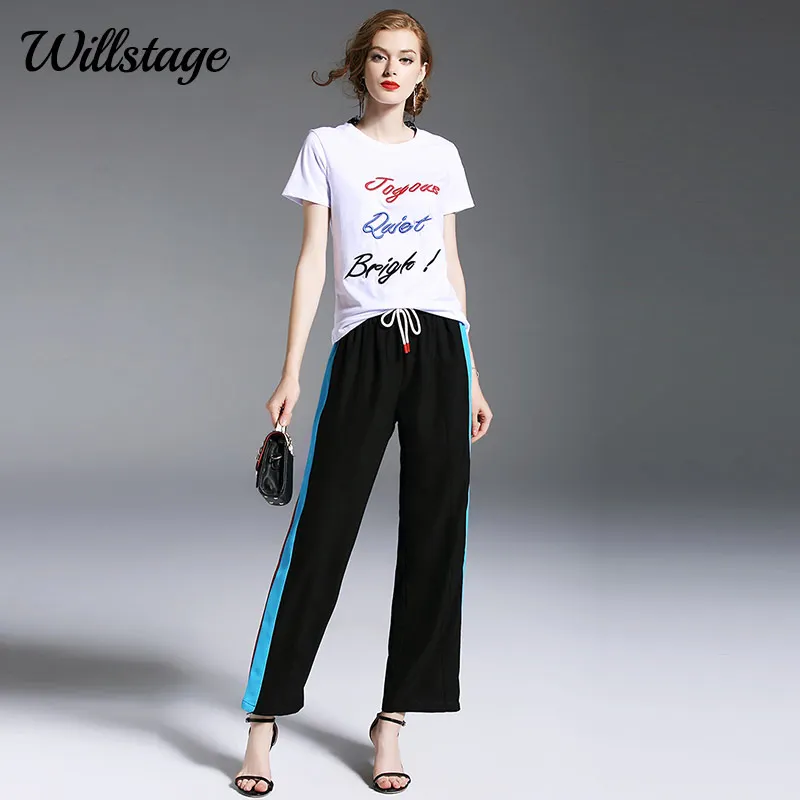 Willstage Для женщин комплекты белые футболки длинные штаны широкие брюки эластичные