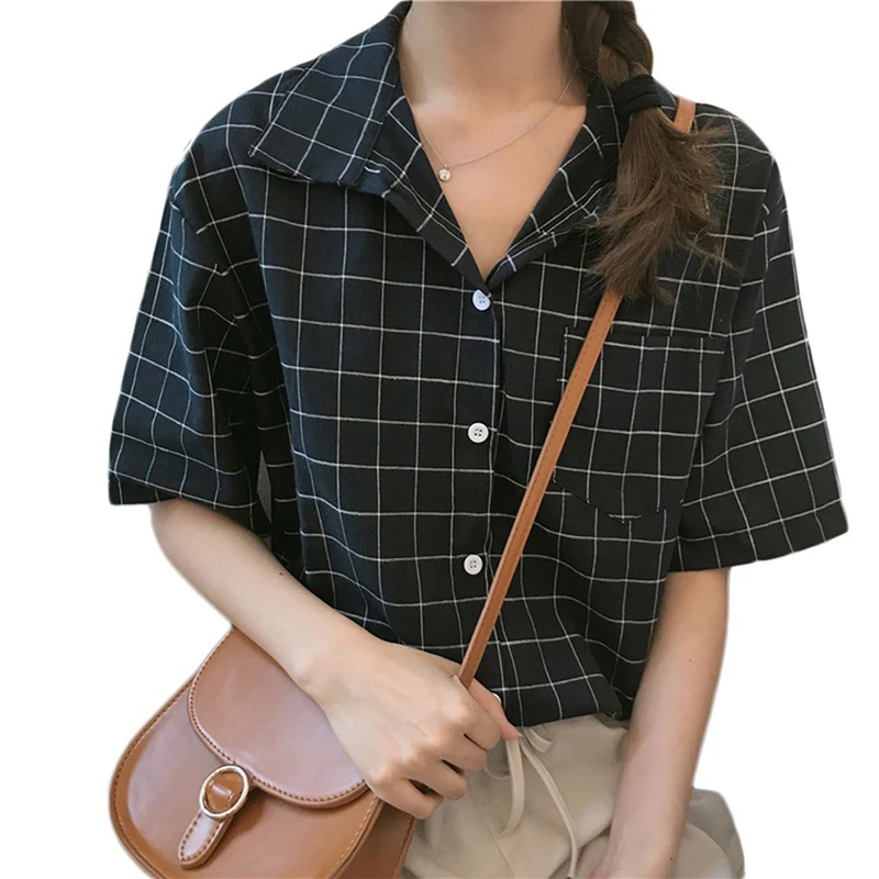 Women Black Plaid Shirts Summer Short Sleeve Female Blouse Camisas Mujer Short Cotton Tops Tee
Women Black Plaid Shirts Summer Short Sleeve Female Blouse Camisas Mujer Short Cotton Tops Tee