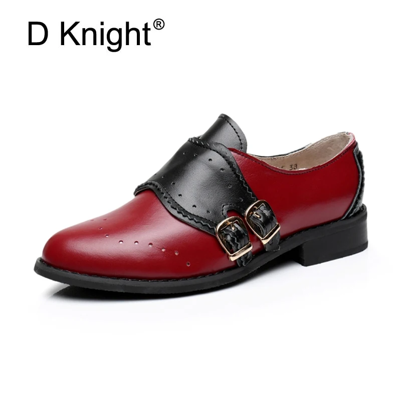 Genuine Leather Women Oxfords Flats Handmade Slip On Double Buckle Flat Loafers Shoes For Women Plus Size 44 Brogues Shoes Woman (5)