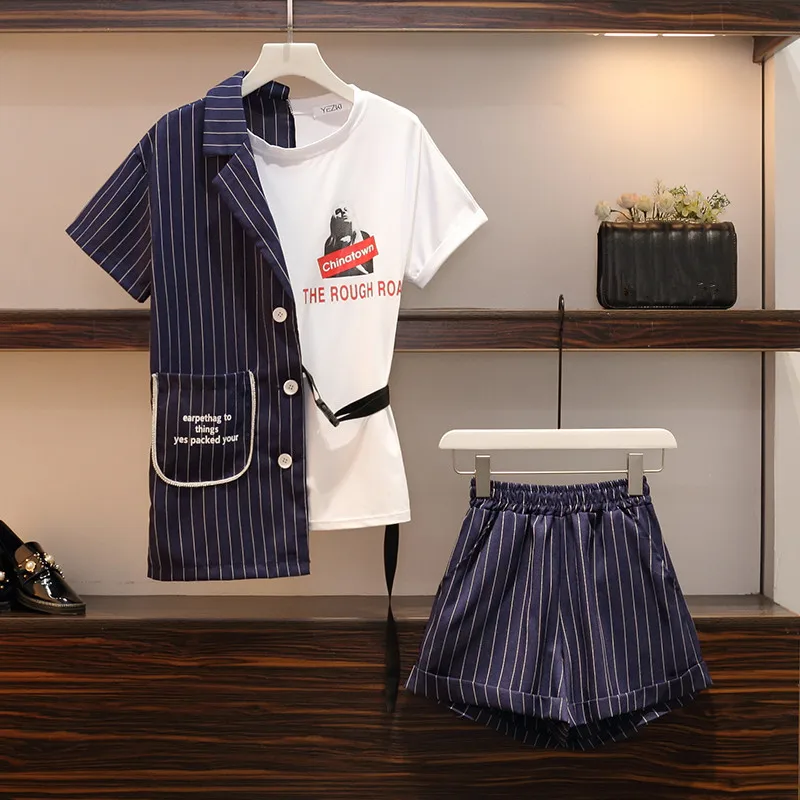 HAMALIEL High Street Women 2 Piece Shorts Set Fashion Summer Striped Patchwork Letter Print T-Shirt + Elastic Waist Short Suit
HAMALIEL High Street Women 2 Piece Shorts Set Fashion Summer Striped Patchwork Letter Print T-Shirt + Elastic Waist Short Suit