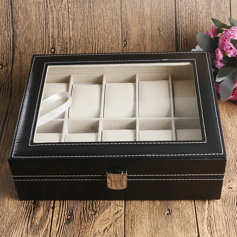 Image Fashion Display Case Organizer Classical Black Leather Box For Watch Foam Pad High Quality Gift Boxes caja de reloj