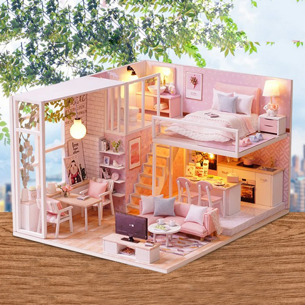 1:24 DIY кукольный домик с мебелью деревянный дом 3D диорама деревянная Розовая