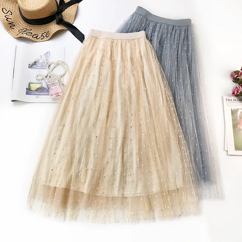 

2019 Spring and Summer The Long Section of The Polka Dot Pettiskirt Skirt New Beaded Gold Wire Mesh Skirt In Mesh Casual A-Line