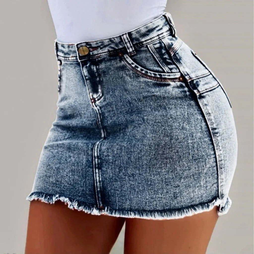 Women Strench High Waist Ripped Washed Skirt Summer Button Denim Short Mini Jean