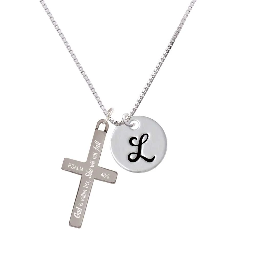 Large Script Letter - L - 3/4'' Disc - - She will not Fall - Cross Necklace