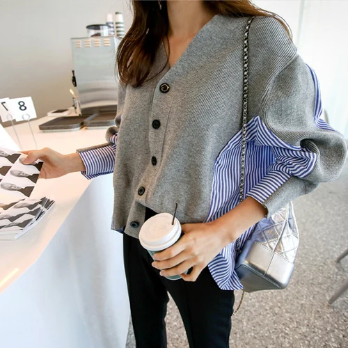 2019 Autumn Women Split Joint V Lead Striped Knitted Cardigan Single Row Buckle Thin Loose Cardigan
2019 Autumn Women Split Joint V Lead Striped Knitted Cardigan Single Row Buckle Thin Loose Cardigan