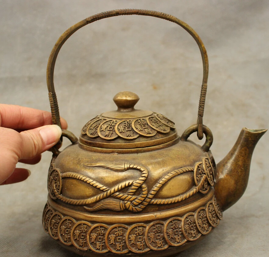 S4993 8" Folk Chinese Bronze Carved Wealth Money Coin Statue Handle Teapot Wine Pot D0317
S4993 8" Folk Chinese Bronze Carved Wealth Money Coin Statue Handle Teapot Wine Pot D0317