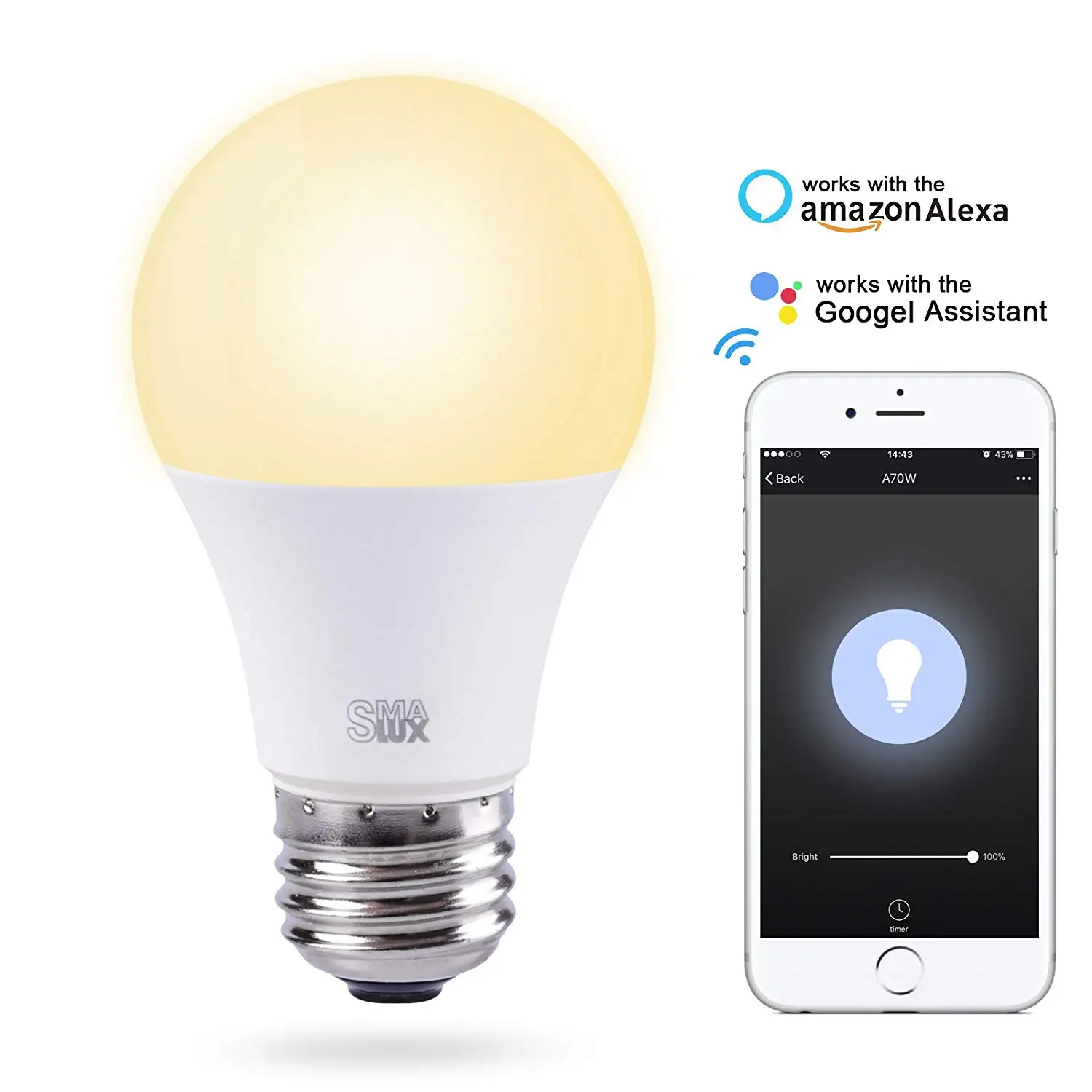 Smart WiFi LED Light Bulb,Smart Home Lighting,9W E26 Remote Control,Timer Function,Works With Amazon Alexa&Google Assistant
Smart WiFi LED Light Bulb,Smart Home Lighting,9W E26 Remote Control,Timer Function,Works With Amazon Alexa&Google Assistant