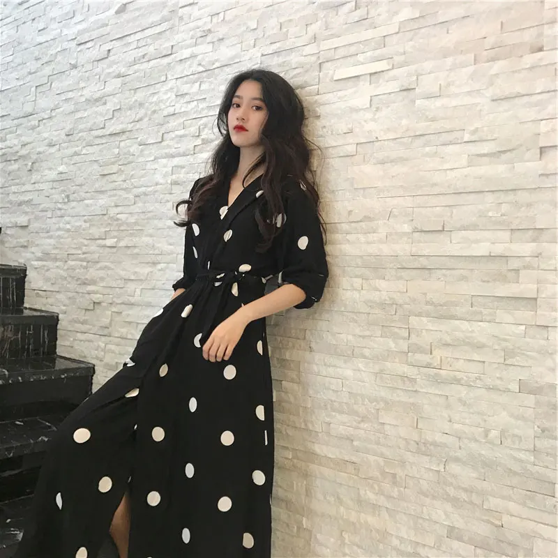 2019 New Spring Autumn Female Vintage Dress Thin Chiffon Female Black Wave High Waist Slim Temperament Dress Vestidos
2019 New Spring Autumn Female Vintage Dress Thin Chiffon Female Black Wave High Waist Slim Temperament Dress Vestidos