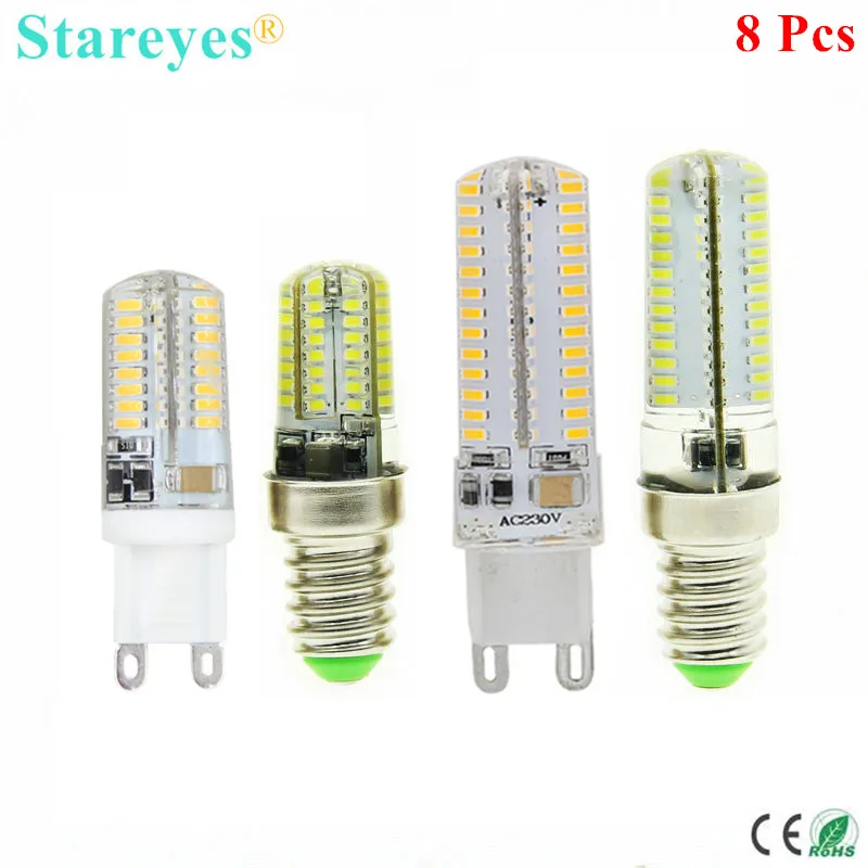 

8 Pcs Silicone G9 E14 AC220V 6W 9W SMD 3014 64 104 LED Crystal Corn LED lamp Droplight Chandelier candle bulb light spotlight