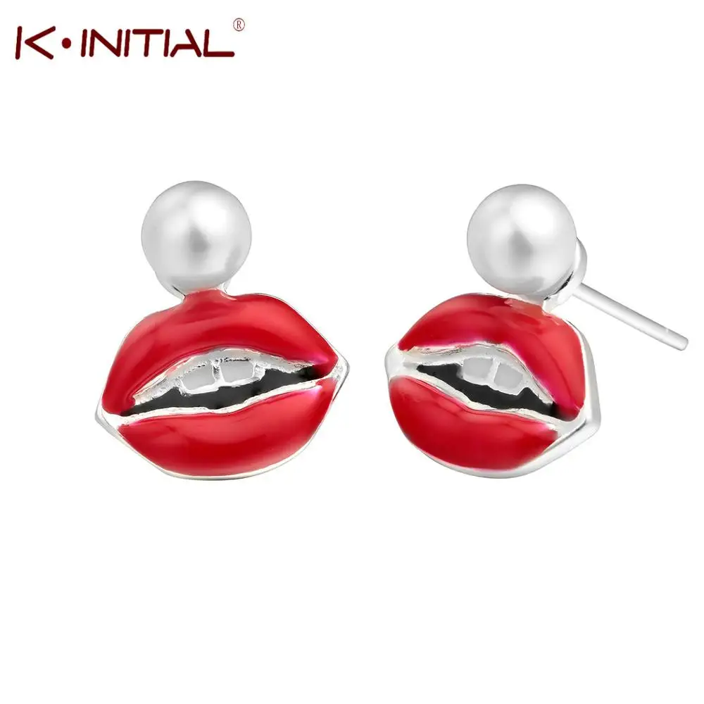 Фото Kinitial Red Enamel Mouth Shape Earring Sexy Lips Simulated Pearl Earrings Female Charming Ear Piercing Jewelry | Украшения и