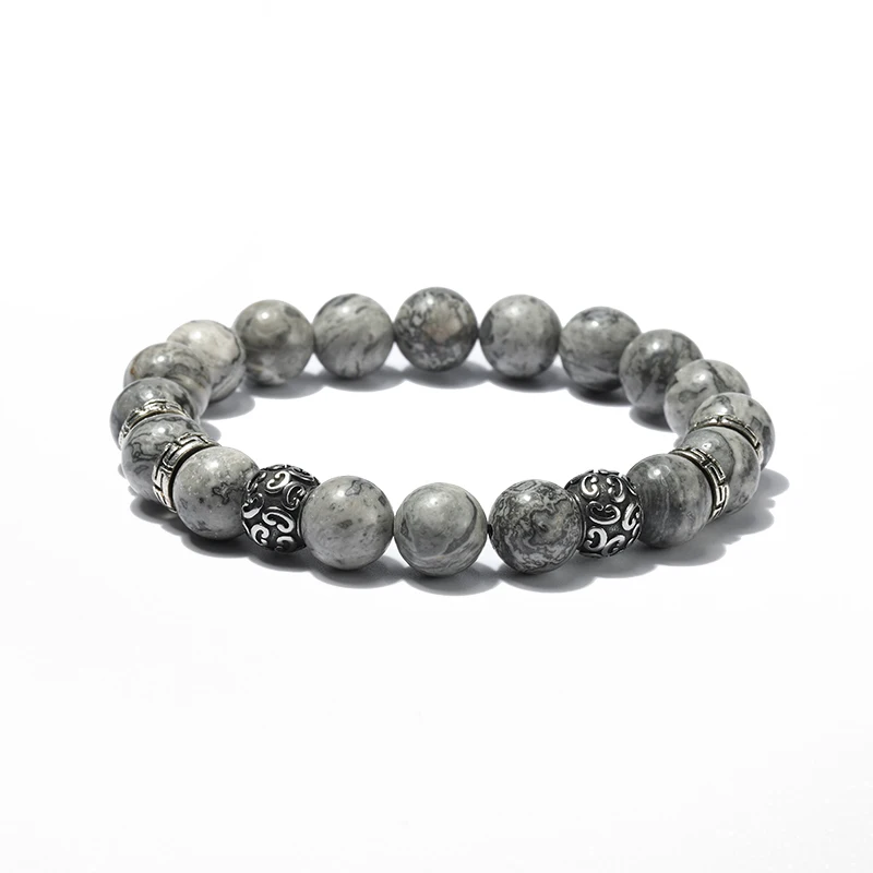 Fashion 10mm natural stone beaded grey men bracelets map stone stainless steel bracelet
Fashion 10mm natural stone beaded grey men bracelets map stone stainless steel bracelet