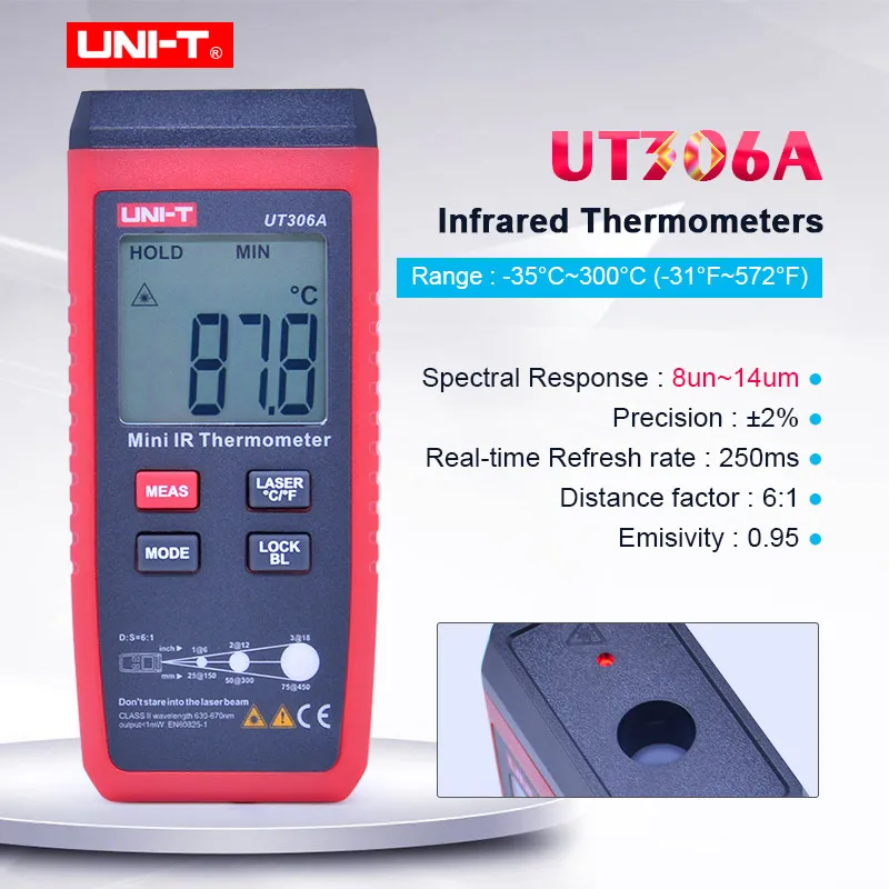 UNI-T UT306A Mini Infrared Thermometer -35~300C -31~572F Digital IR temperature tester with Data hold & LCD backlight display
UNI-T UT306A Mini Infrared Thermometer -35~300C -31~572F Digital IR temperature tester with Data hold & LCD backlight display